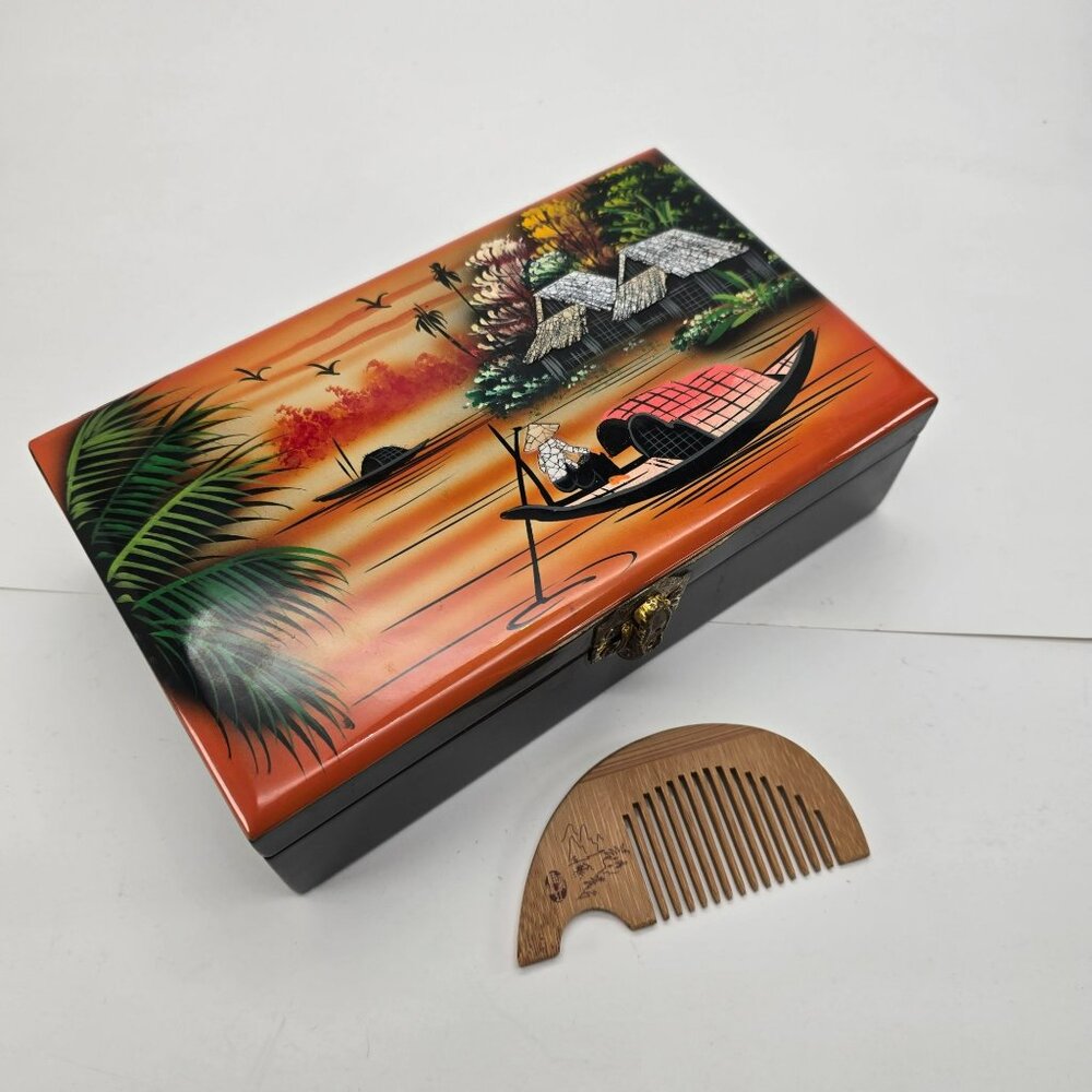 Handcrafted Wooden Jewelry Box With Scenic Painting & Bamboo Comb JE128